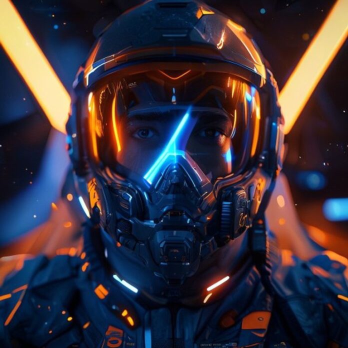 EVE Online capsuleer pilot in futuristic helmet with holographic HUD