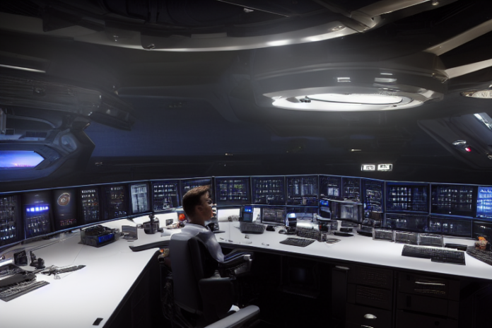 Exhausted multiboxer surrounded by 20+ monitors in futuristic command center